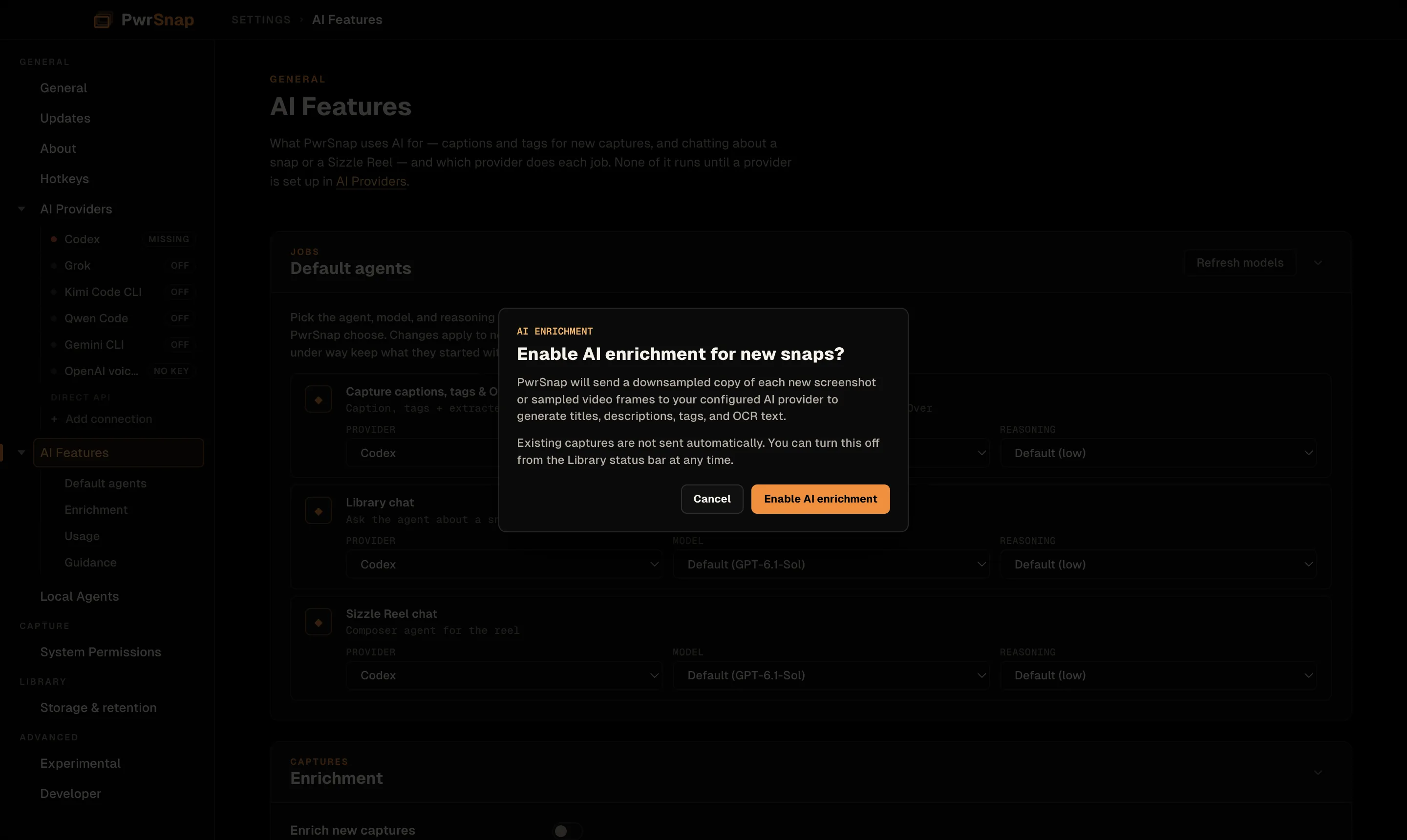 The Settings window on AI Features, dimmed behind a dialog. The dialog's eyebrow reads AI enrichment and its title Enable AI enrichment for new snaps? The text says PwrSnap will send a downsampled copy of each new screenshot or sampled video frames to your configured AI provider to generate titles, descriptions, tags, and OCR text, and that existing captures are not sent automatically and this can be turned off from the Library status bar at any time. Buttons: Cancel and Enable AI enrichment. Behind it, the sidebar lists AI Providers (Codex marked missing; Grok, Kimi Code CLI, Qwen Code, and Gemini CLI off; OpenAI voiceover with no key; Direct API, Add connection) and AI Features with Default agents, Enrichment, Usage, and Guidance.