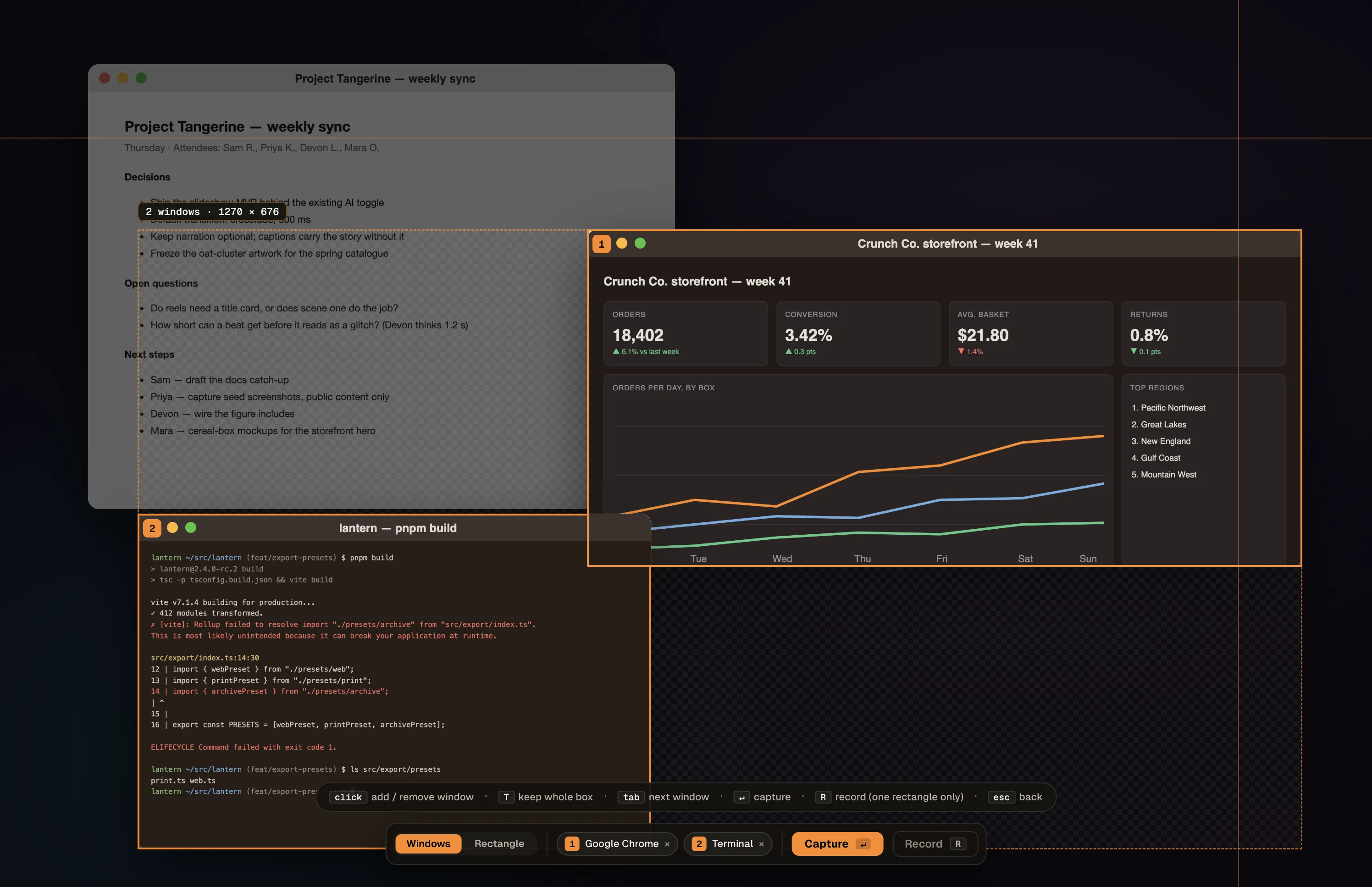 Quick Capture with two windows picked: 1, a Google Chrome window titled “Crunch Co. storefront — week 41”, and 2, a Terminal window titled “lantern — pnpm build”, each outlined in orange with a numbered badge. A badge reads “2 windows · 1270 × 676”. The empty area of the bounding box between and around the two windows shows a checkerboard. The hint bar reads: click, add / remove window; T, keep whole box; tab, next window; Return, capture; R, record (one rectangle only); esc, back. Below it the control bar has a Windows / Rectangle switch with Windows selected, chips for 1 Google Chrome and 2 Terminal, a Capture button marked Return, and a dimmed Record button marked R.