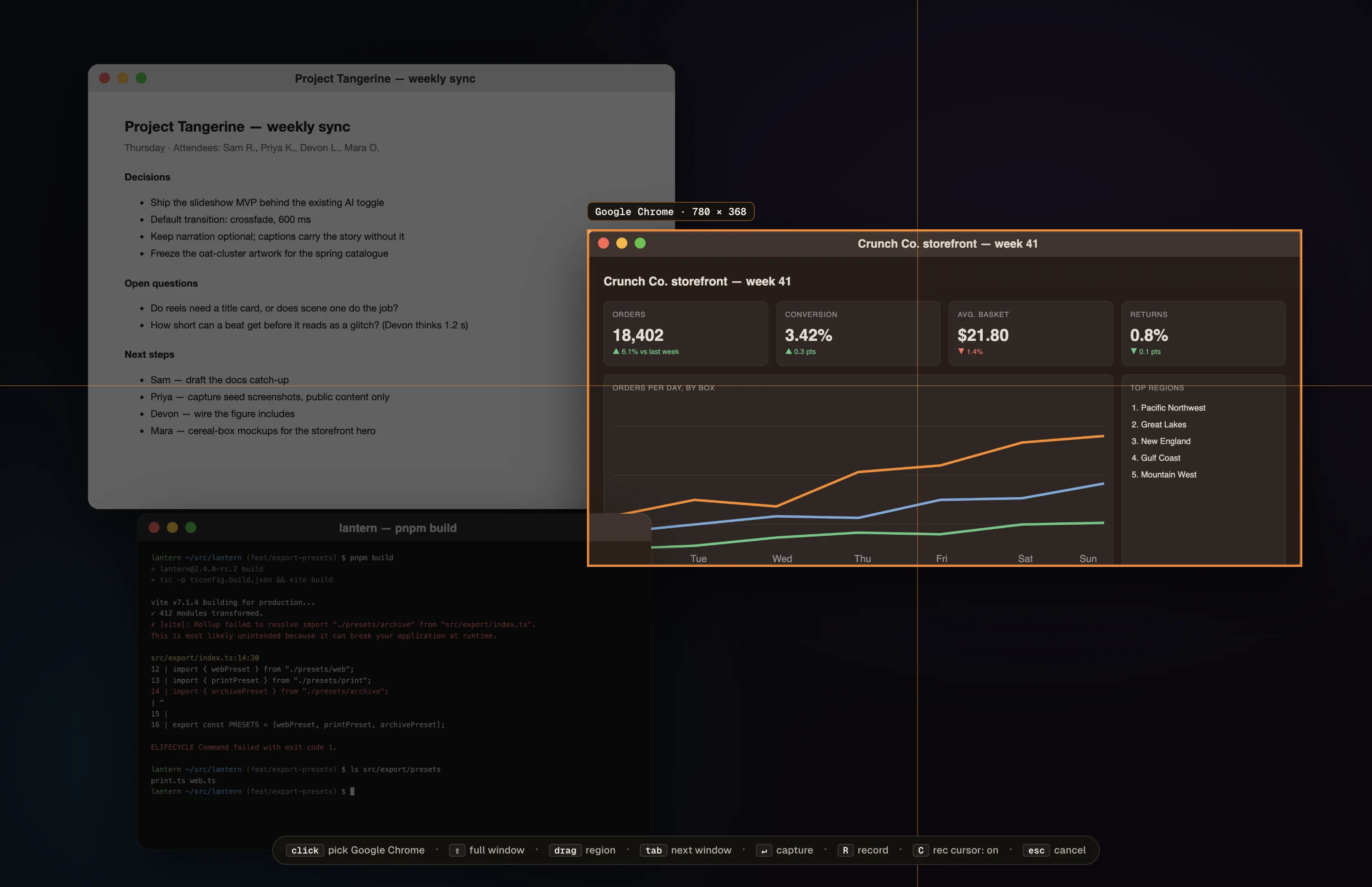 Quick Capture over a desktop with three overlapping windows: meeting notes, a terminal with a failed build, and a storefront dashboard in a browser. The pointer is over the dashboard, which is outlined in orange with a label reading Google Chrome · 780 × 368; the windows behind it are dimmed, and orange crosshair guide-lines run through the pointer. A hint bar along the bottom reads: click pick Google Chrome · Shift full window · drag region · tab next window · Return capture · R record · C rec cursor: on · esc cancel.