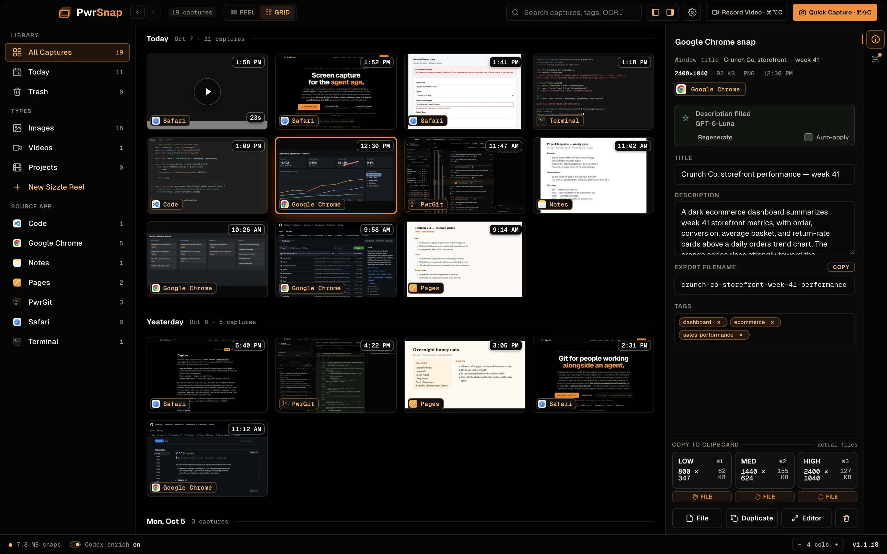 The PwrSnap Library window in the dark theme. Down the left, a sidebar lists All Captures with a count of 19, Today, and Trash; a Types group with Images, Videos, Projects, and New Sizzle Reel; and a source-app list, each with its icon: Code, Google Chrome, Notes, Pages, PwrGit, Safari, and Terminal. The middle is a day-grouped grid of captures. The selected capture is a storefront performance dashboard. The right rail shows its window title, pixel dimensions, and source app; a line reading Description filled · GPT-6-Luna, with Regenerate and Auto-apply controls; the title “Crunch Co. storefront performance — week 41”, a description, an export filename, and the tags dashboard, ecommerce, and sales-performance. Below them a Copy to clipboard row offers Low, Med, and High, bound to Command+1, Command+2, and Command+3, followed by File, Duplicate, Editor, and Trash buttons. The status bar shows the snap storage total and Codex enrich on.