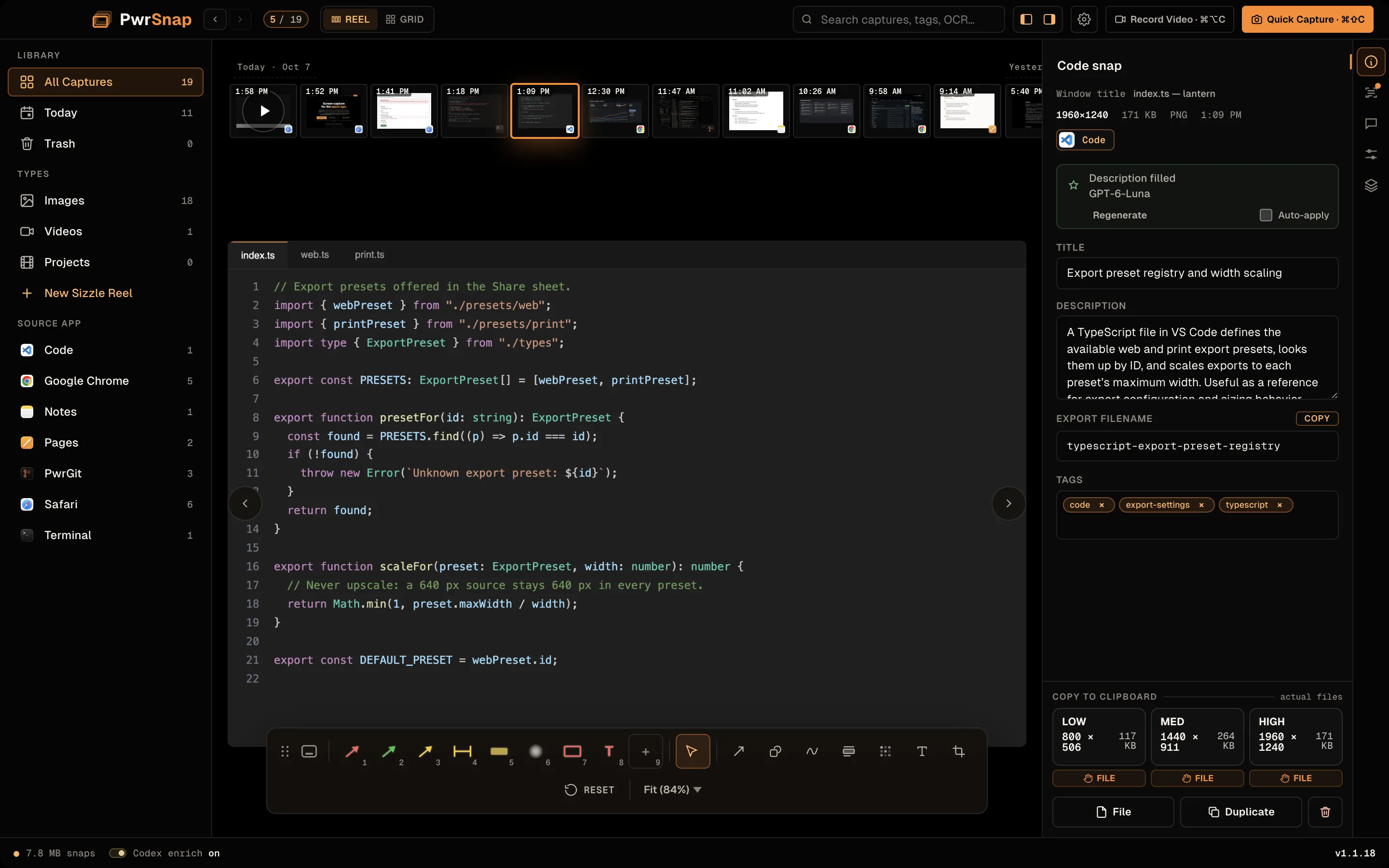 The PwrSnap Library in Reel view. A filmstrip of recent captures runs across the top; the selected capture, a code editor window, is shown large on the stage below it, and the detail rail on the right shows its title, description, tags, and copy cards.