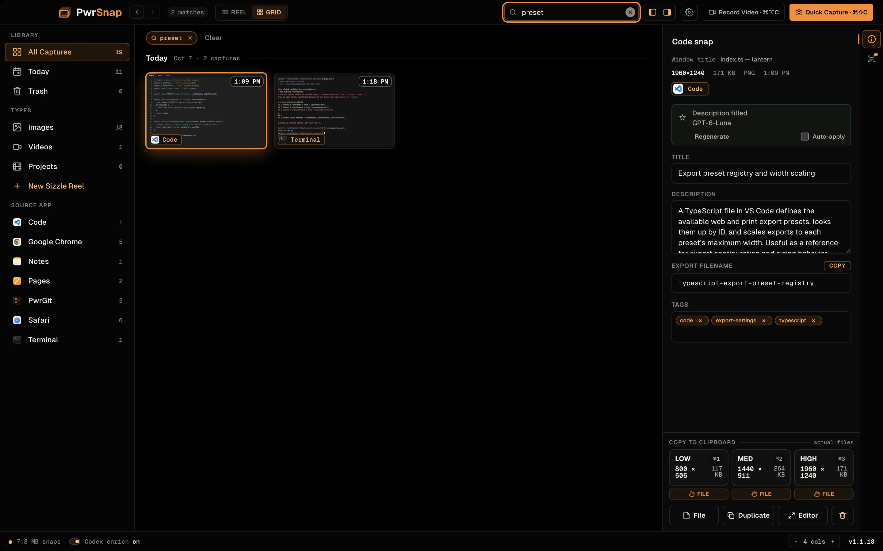 The PwrSnap Library with “preset” typed in the search box and 2 matches in the grid: a code editor capture and a terminal capture. The selected code capture, of a file named index.ts, shows the title “Export preset registry and width scaling” and the tags code, export-settings, and typescript in the right rail.