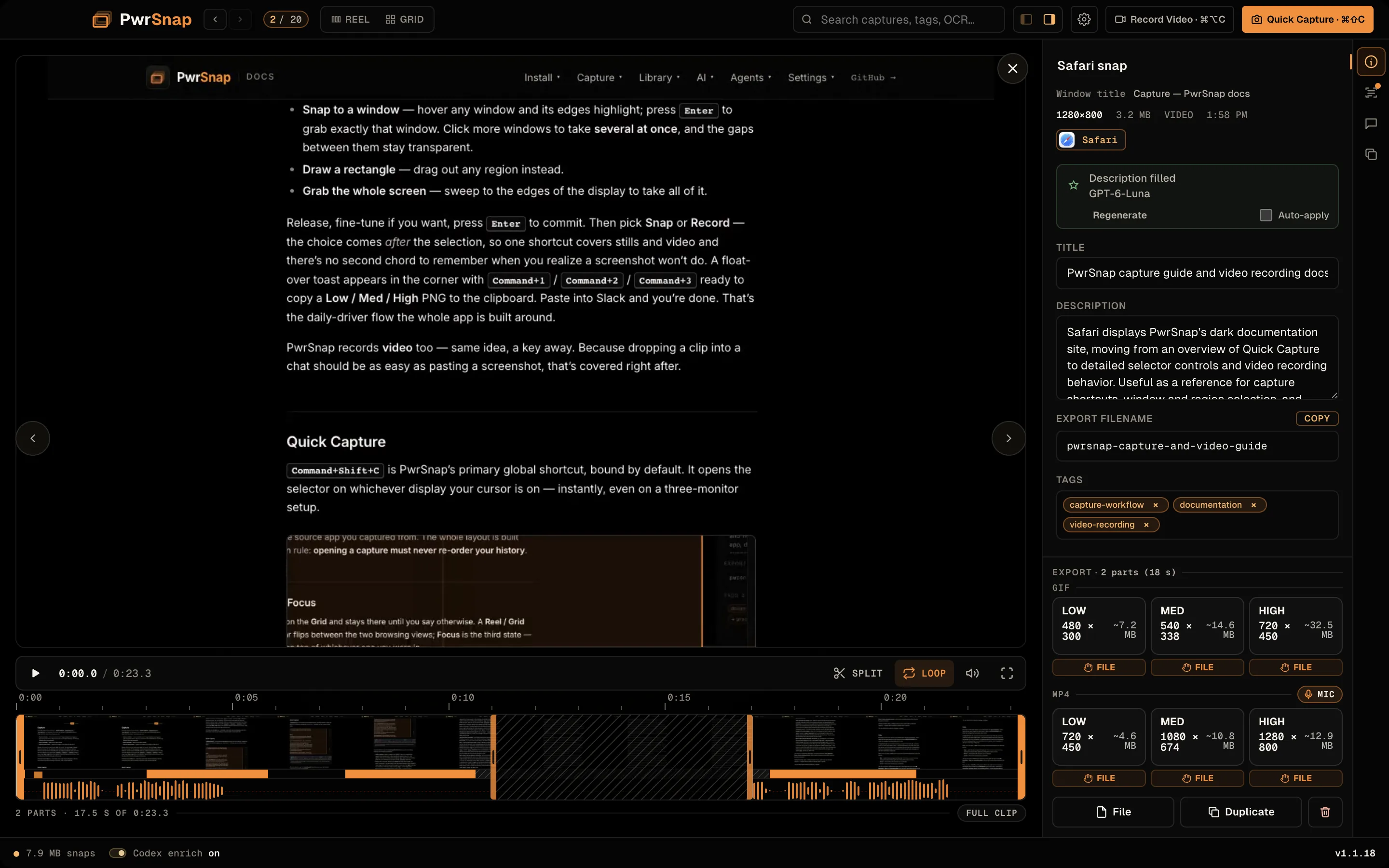 The PwrSnap video viewer on a 23-second recording of a documentation page in Safari. Under the stage, the transport bar shows play, 0:00.0 of 0:23.3, Split, a highlighted Loop, volume, and fullscreen. The timeline below has a ruler, a filmstrip, an orange activity lane, and a waveform; a hatched span in the middle marks a cut, and the readout reads “2 PARTS · 17.5 S OF 0:23.3” beside a Full Clip button. The right rail shows the title, description, export filename, and tags, then an Export panel headed “2 parts (18 s)” with GIF Low, Med, and High cards and MP4 Low, Med, and High cards, each with a FILE chip, and a MIC toggle on the MP4 row.