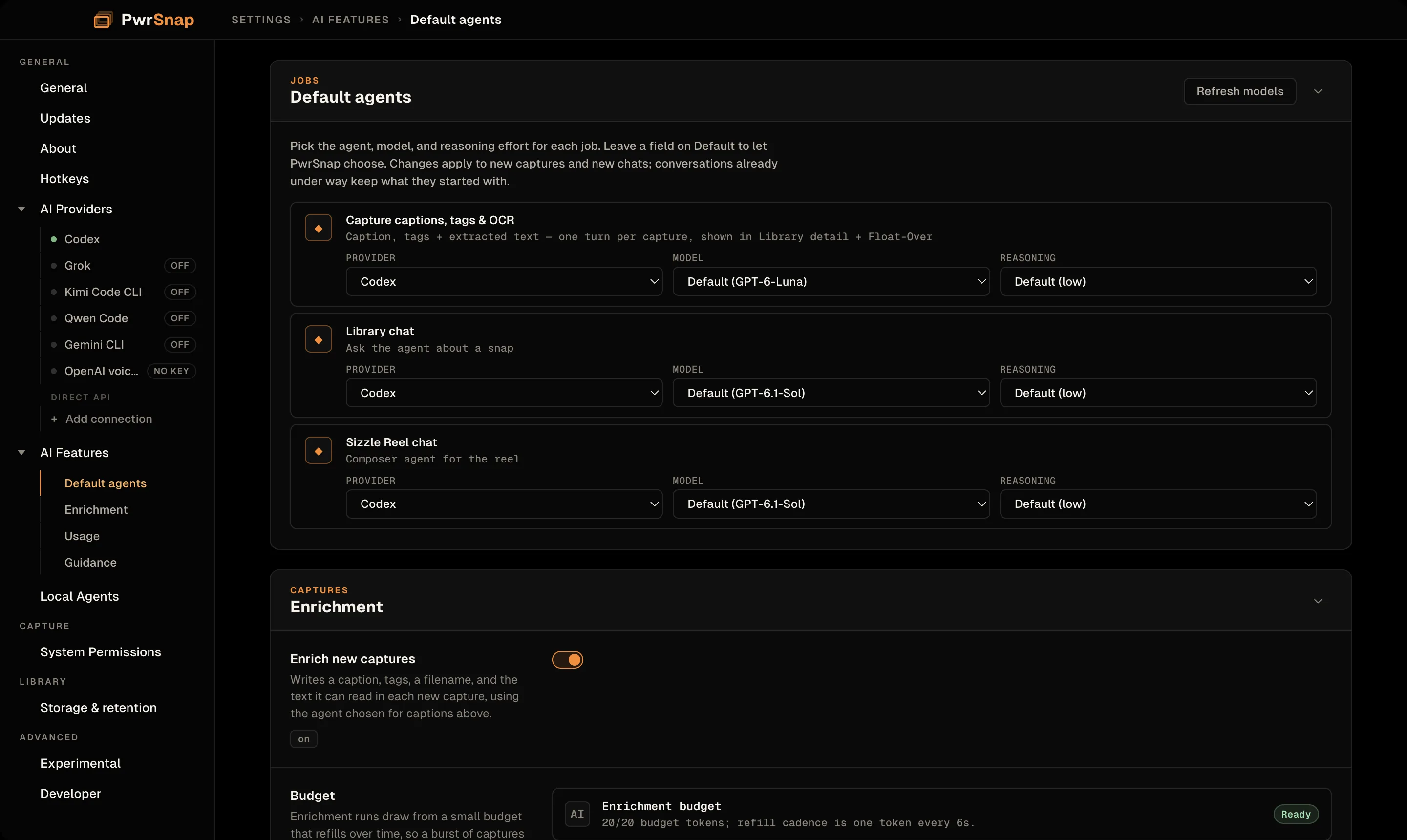 The AI Features page at the Default agents card. Three rows, Capture captions, tags and OCR; Library chat; and Sizzle Reel chat, each have Provider, Model, and Reasoning pickers, all set to Codex. A Refresh models button sits at the top of the card, and the Enrichment card begins below.