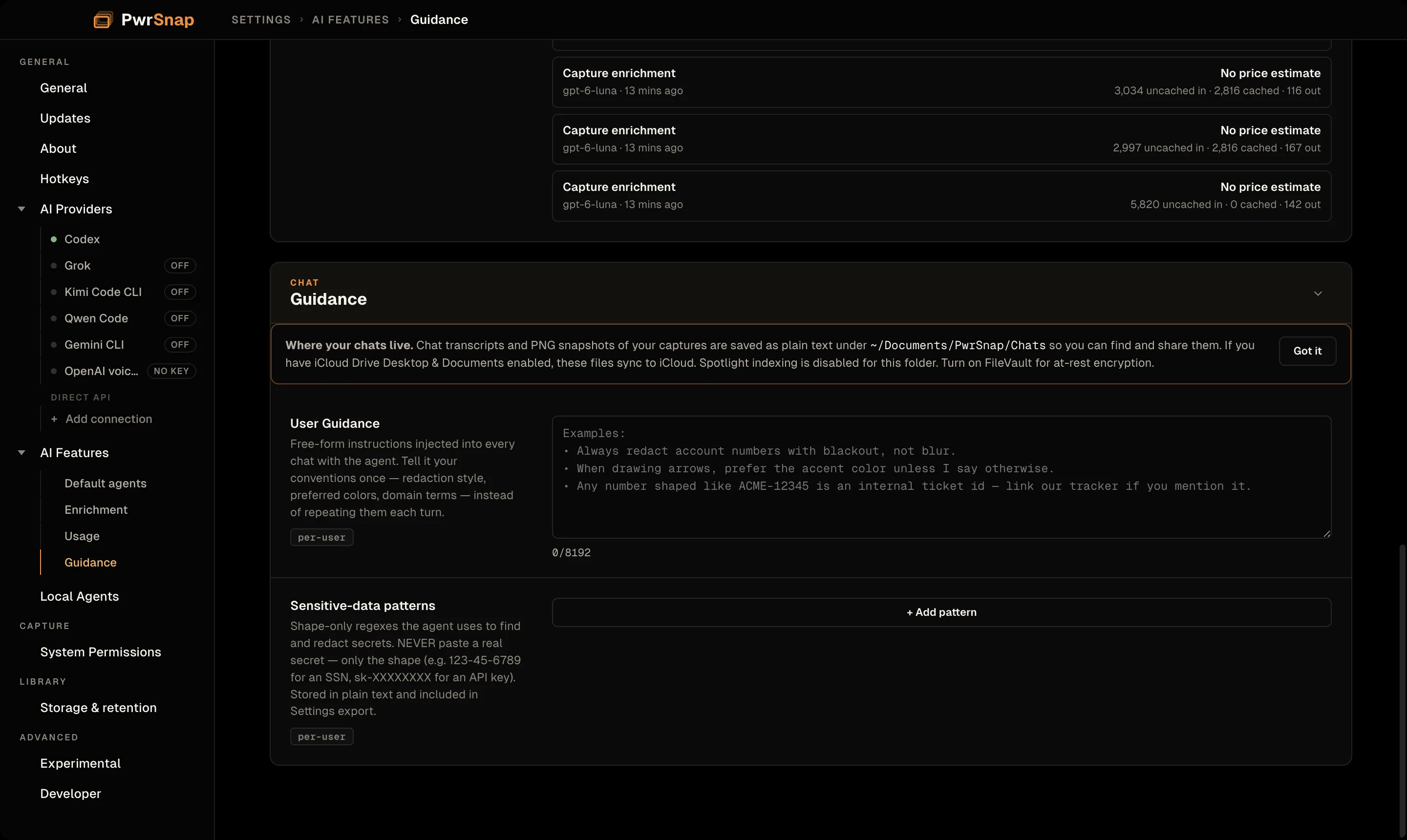 Settings, AI Features, Guidance. A note headed Where your chats live gives the chat folder as ~/Documents/PwrSnap/Chats. Below it, a User Guidance text area holds example instructions, and a Sensitive-data patterns section has an Add pattern button.