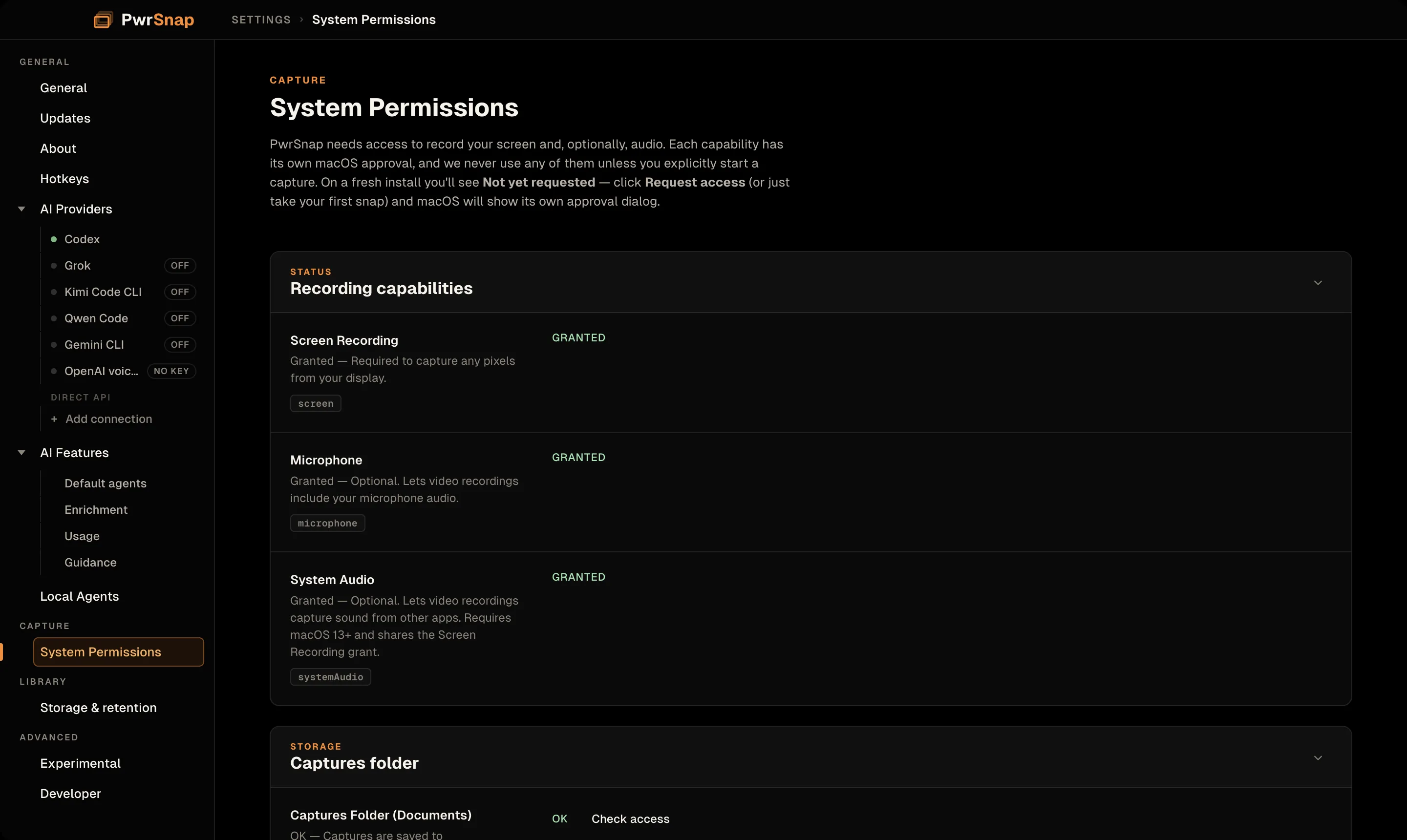 The System Permissions page on macOS. A Recording capabilities card lists Screen Recording, Microphone, and System Audio, each marked GRANTED. A Captures folder card shows Documents as OK with a Check access button.