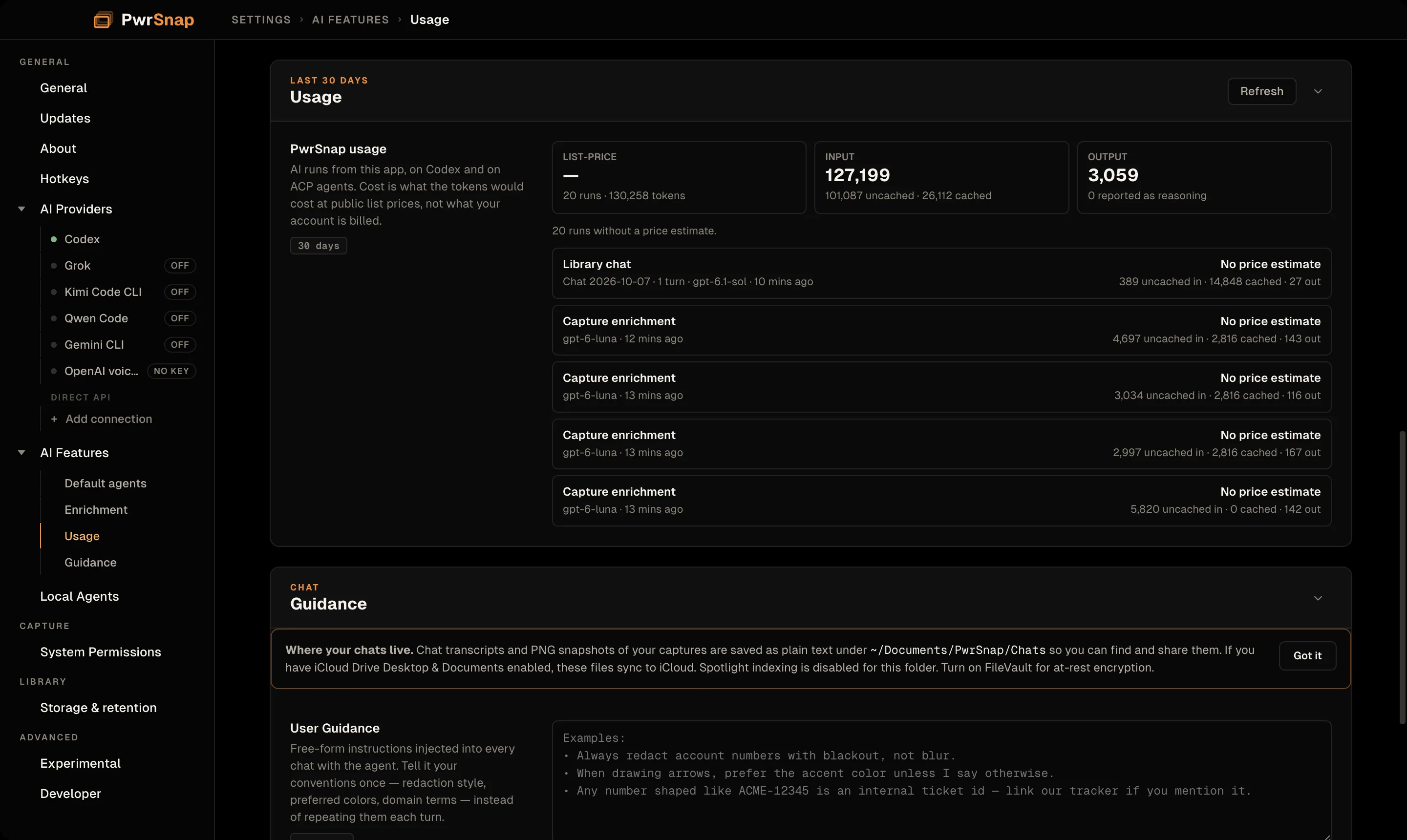 Settings, AI Features, Usage, covering the last 30 days. Totals read list-price, input 127,199 tokens, and output 3,059 tokens. Below are rows for individual runs, including a Library chat turn and capture enrichment runs, each marked No price estimate.